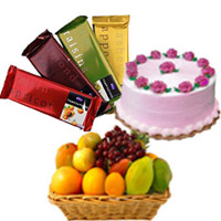 Deliver Rakhi to India Same Day Delivery. 4 Cadbury Temptation Bars with 500 gm Strawberry Cake and 1 Kg Fresh Fruits Basket